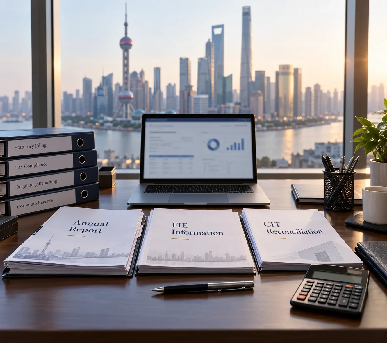 Annual report and reconciliation files on a desk
