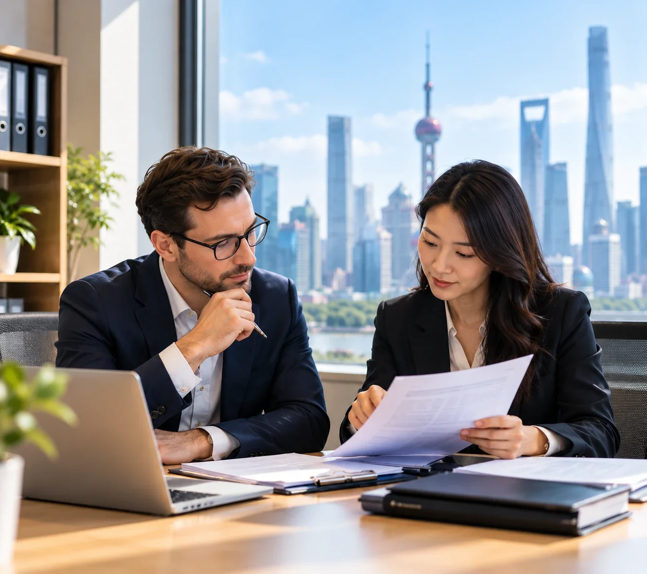 Bank account documents being reviewed in a Shanghai office