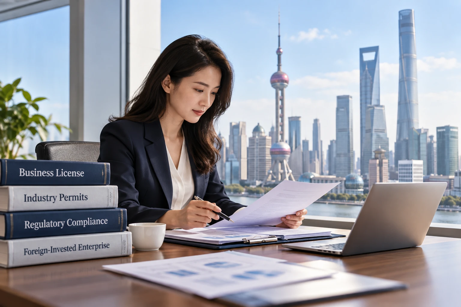 Business licence and permit binders on an office desk