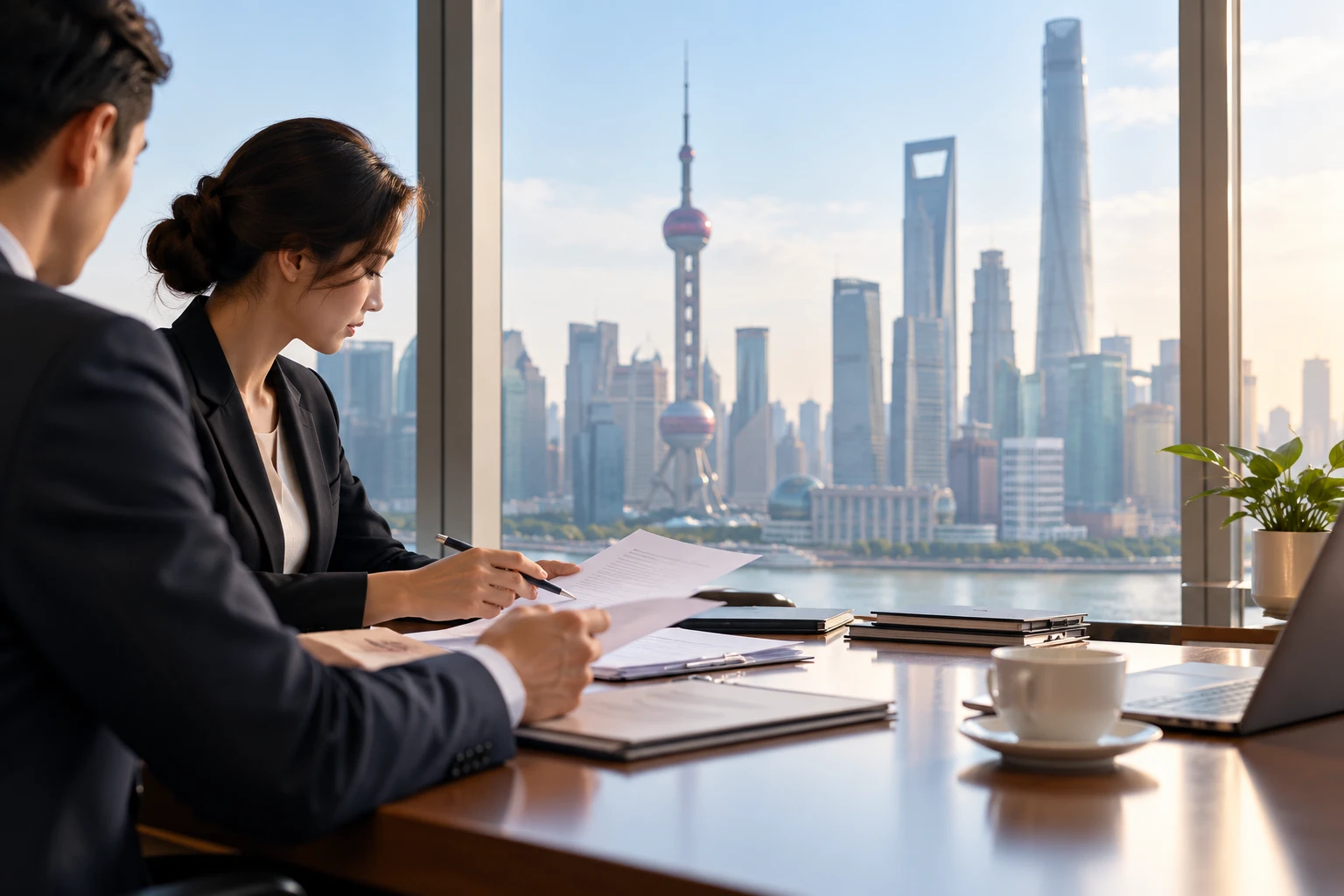Two corporate advisers reviewing company closure documents in a Shanghai office overlooking the Pudong skyline