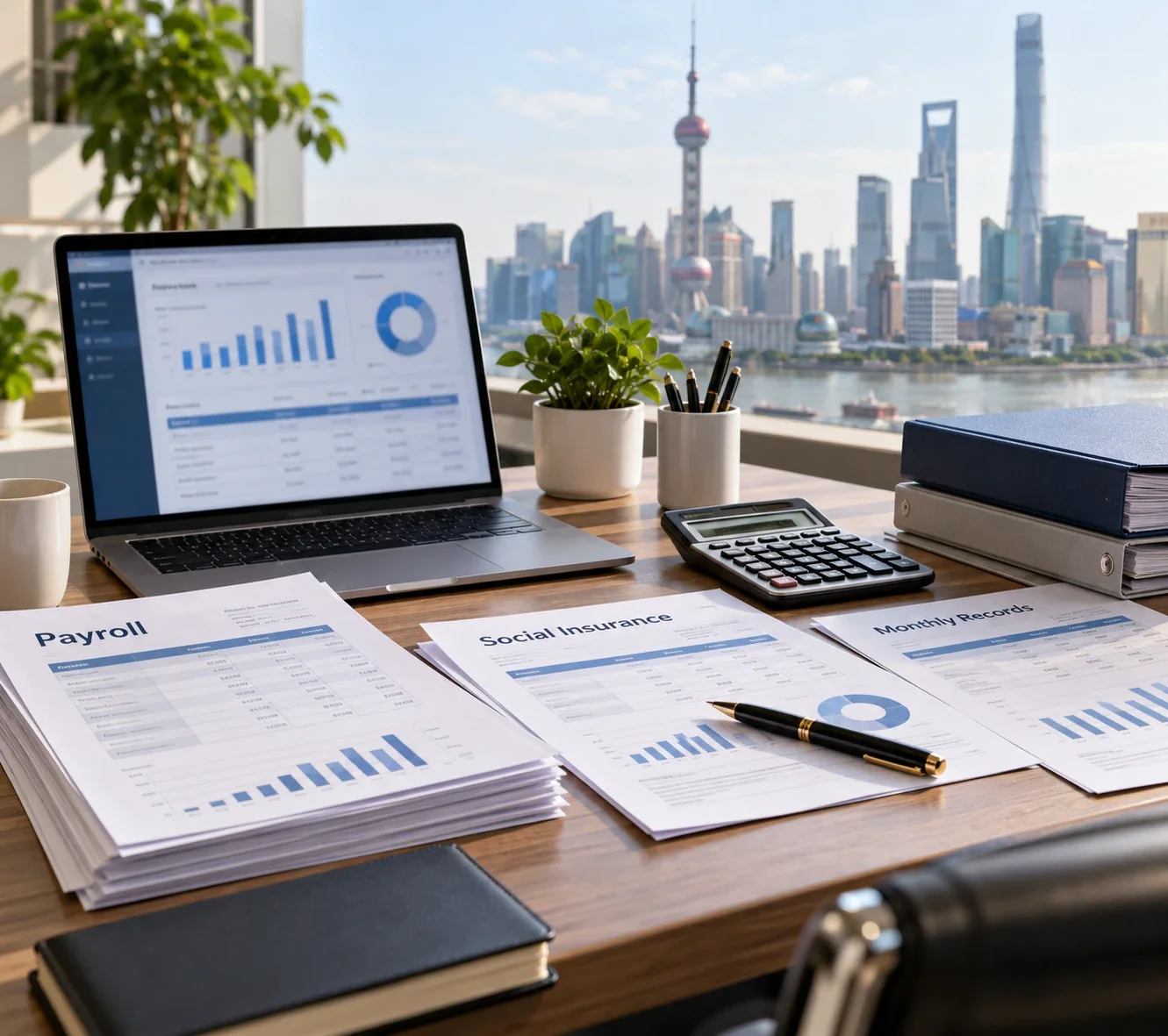 Payroll and social insurance records, calculator and laptop dashboard on an office desk