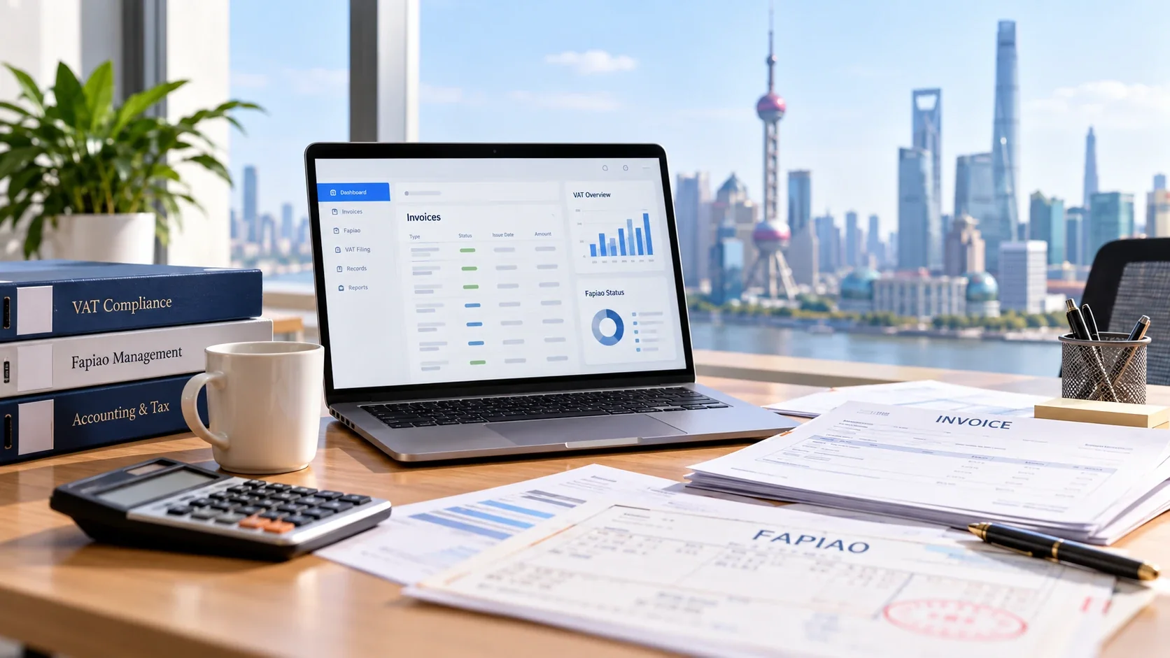 VAT and fapiao records on an office desk