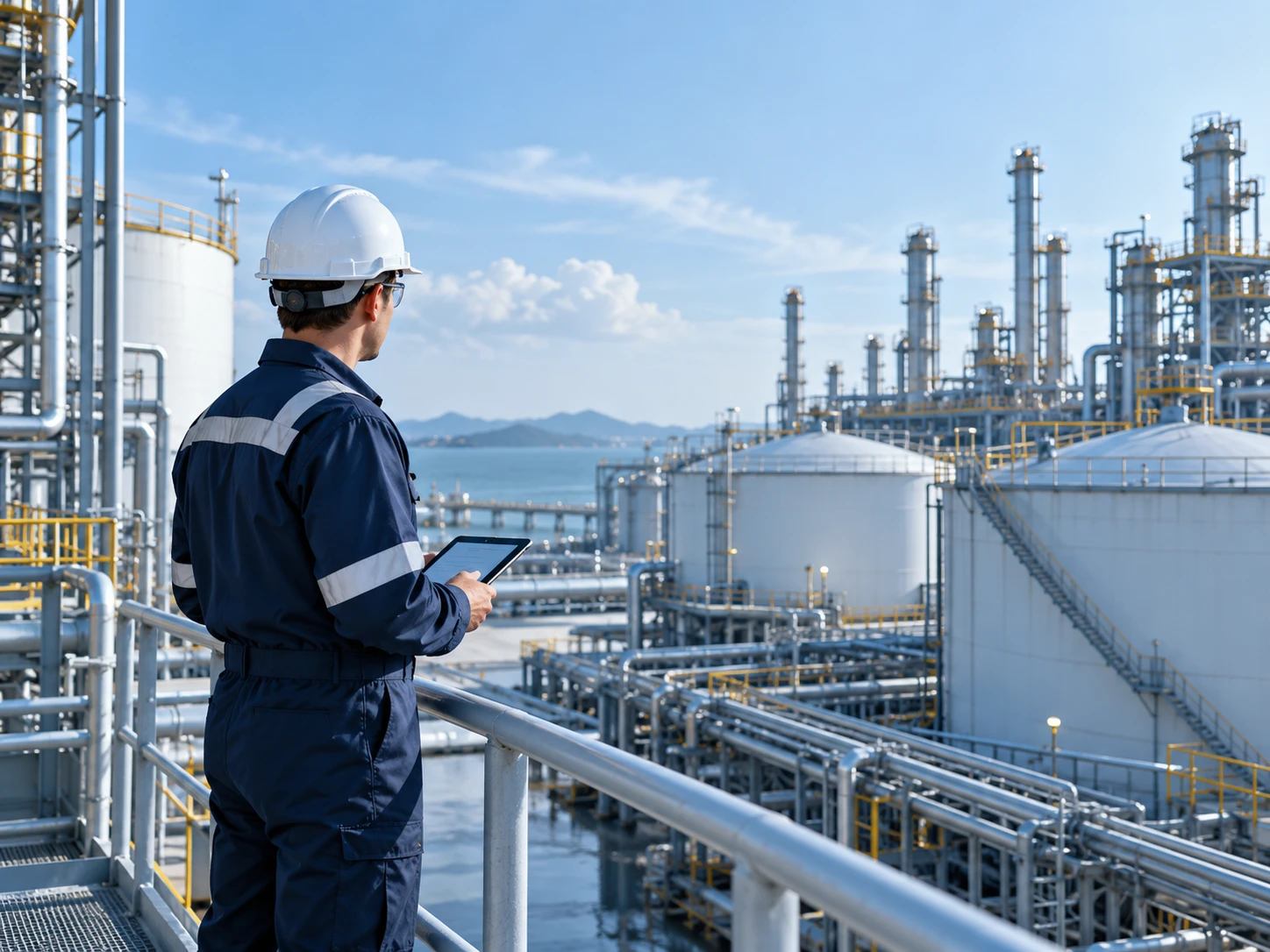 Safety inspector reviewing a coastal chemical facility