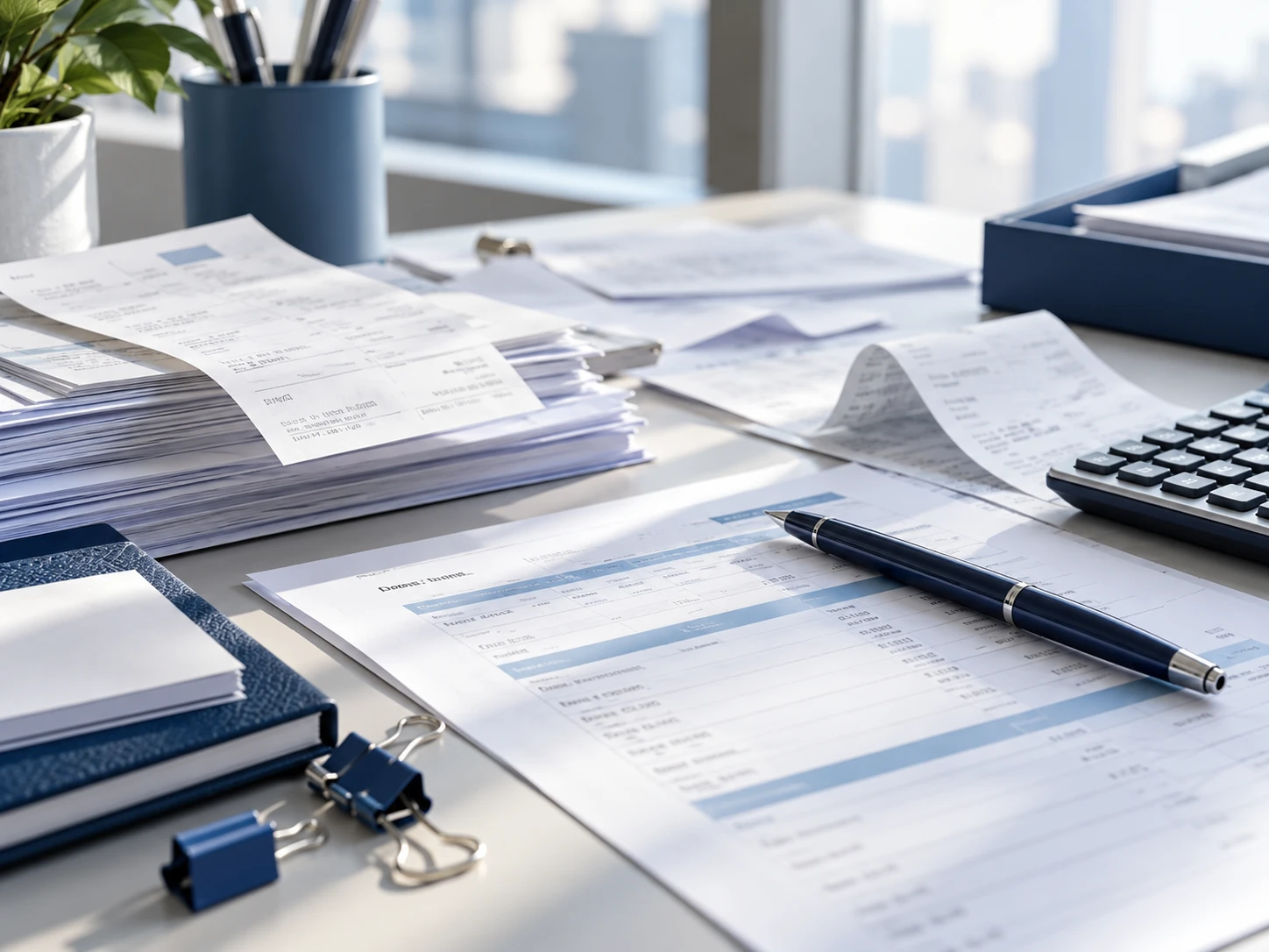 Financial records and invoice documents on an office desk