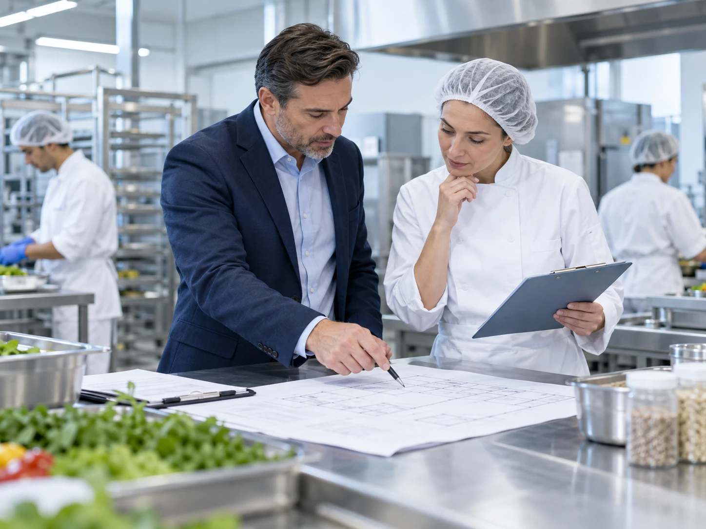 Food safety planning discussion in a commercial kitchen