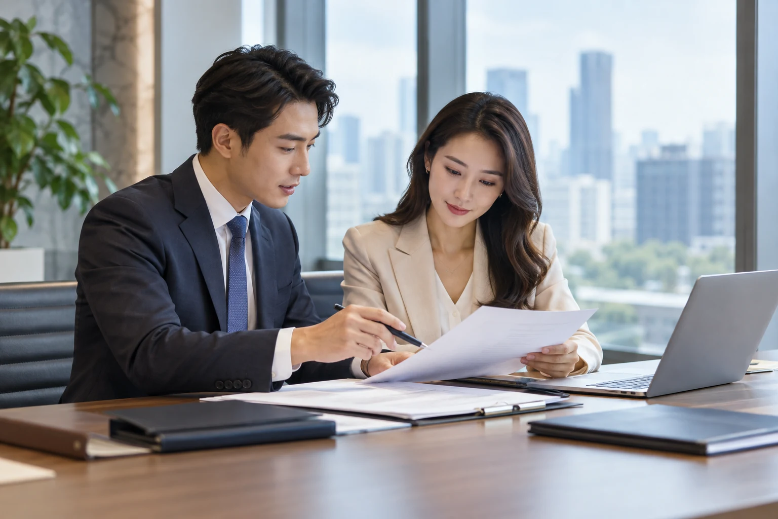 オフィスで会社設立の書類を確認するビジネスパーソン