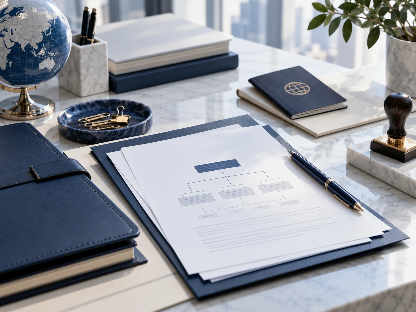 Passport and registration documents prepared on a desk