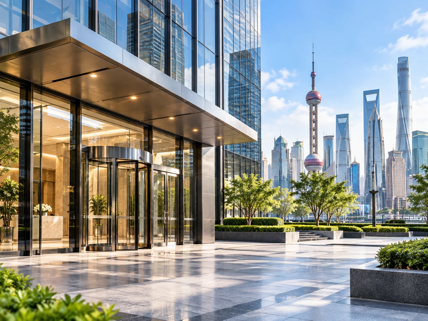 Office entrance with the Shanghai skyline behind