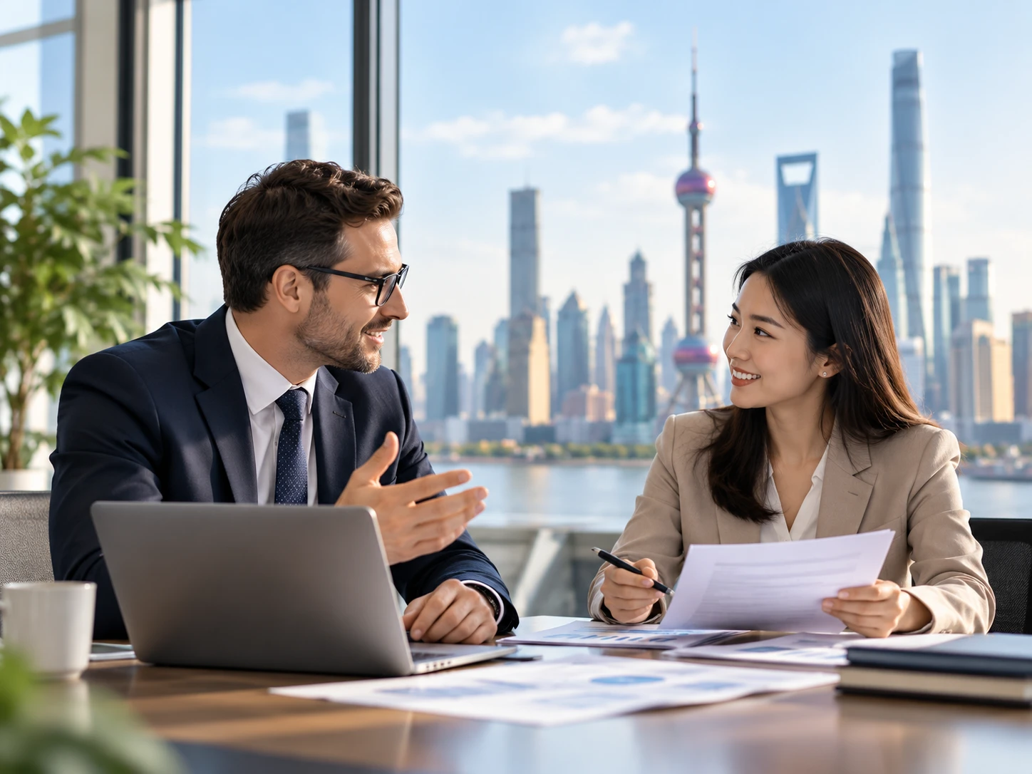 Business advisers discussing company setup in Shanghai