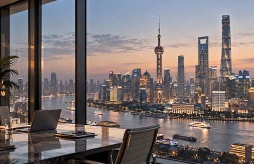 Shanghai skyline viewed from a modern business office at dusk